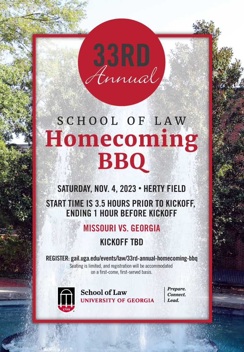 Homecoming BBQ. Saturday November 4th 2023. Herty Field. Start Time is 3.5 Hours prior to kickoff, ending 1 hour before kickoff. Missouri Vs. Georgia. Kickoff TBD