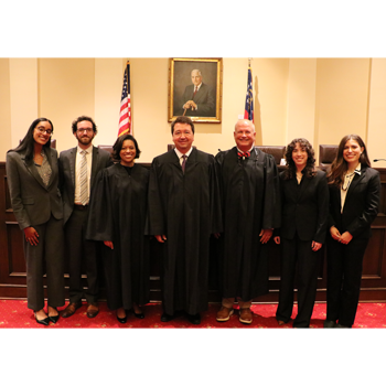 Pictured are (l. to r.) finalists Divya Kishore and Elijah Echols; competition judges U.S. District Court Judge for the Northern District of Georgia Tiffany Rene Johnson, U.S. Circuit Judge for the U.S. Court of Appeals for the Sixth Circuit John K. Bush and U.S. District Judge for the Middle District of Georgia Tilman E. “Tripp” Self (J.D.’97); and winners Eli Werbel and Julia Terry. 