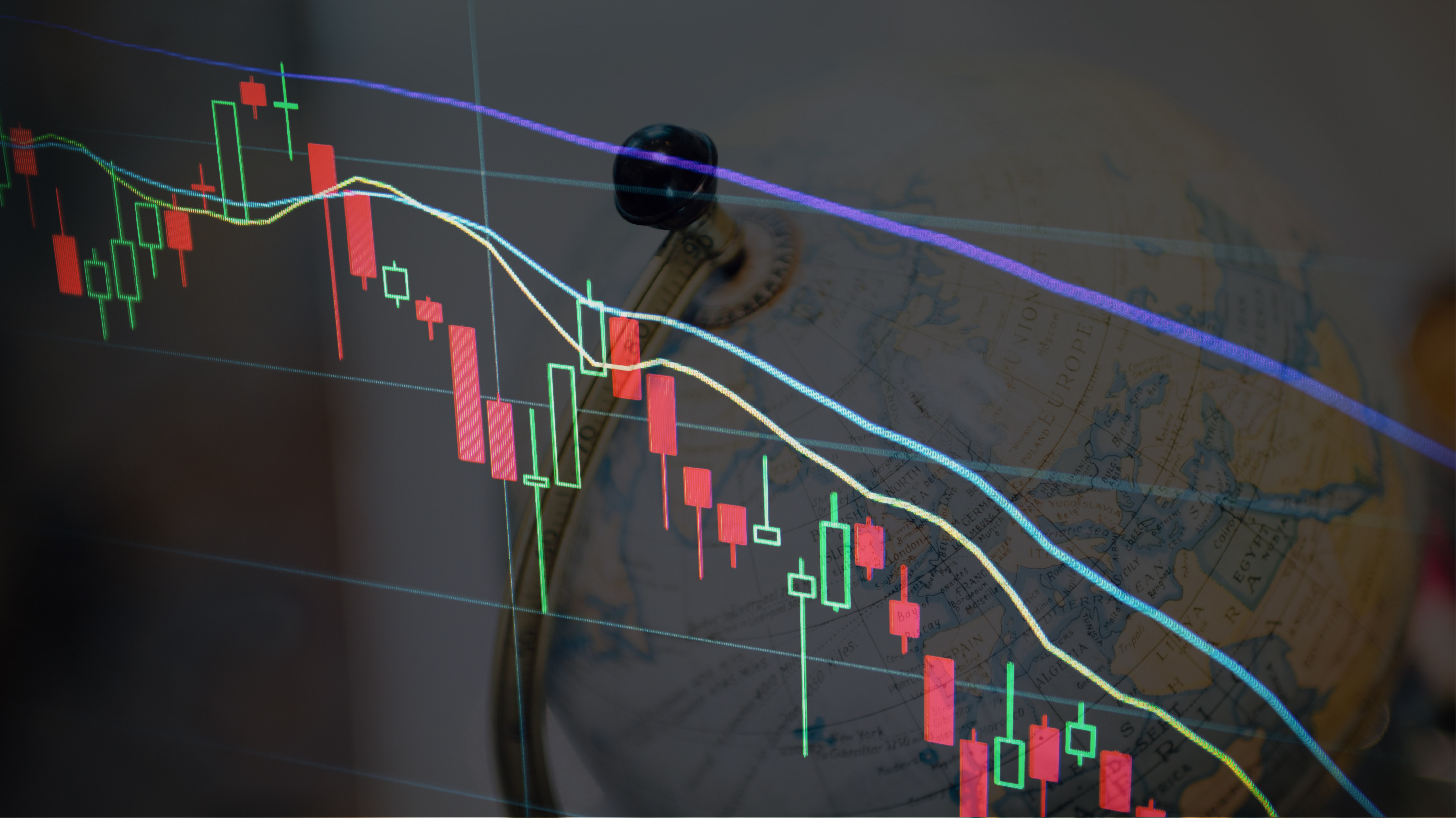Picture of globe with financial data overlaid.