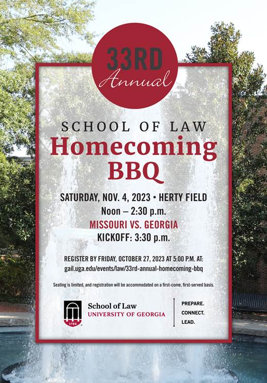 Homecoming BBQ. Saturday November 4th 2023. Herty Field. Start Time is Noon till 2:30 p.m. Missouri Vs. Georgia. Kickoff 3:30 p.m. Register by October 27th, at 5:00pm.